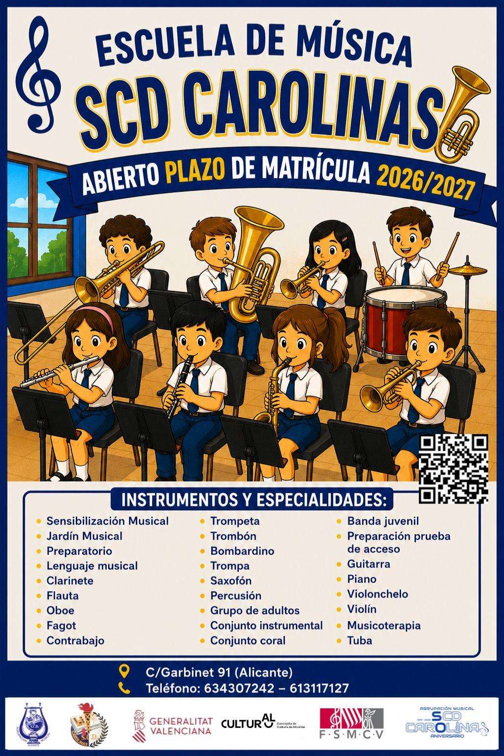 Cartel de matrícula abierta de la Escuela de Música SCD Carolinas para el curso 2026/2027